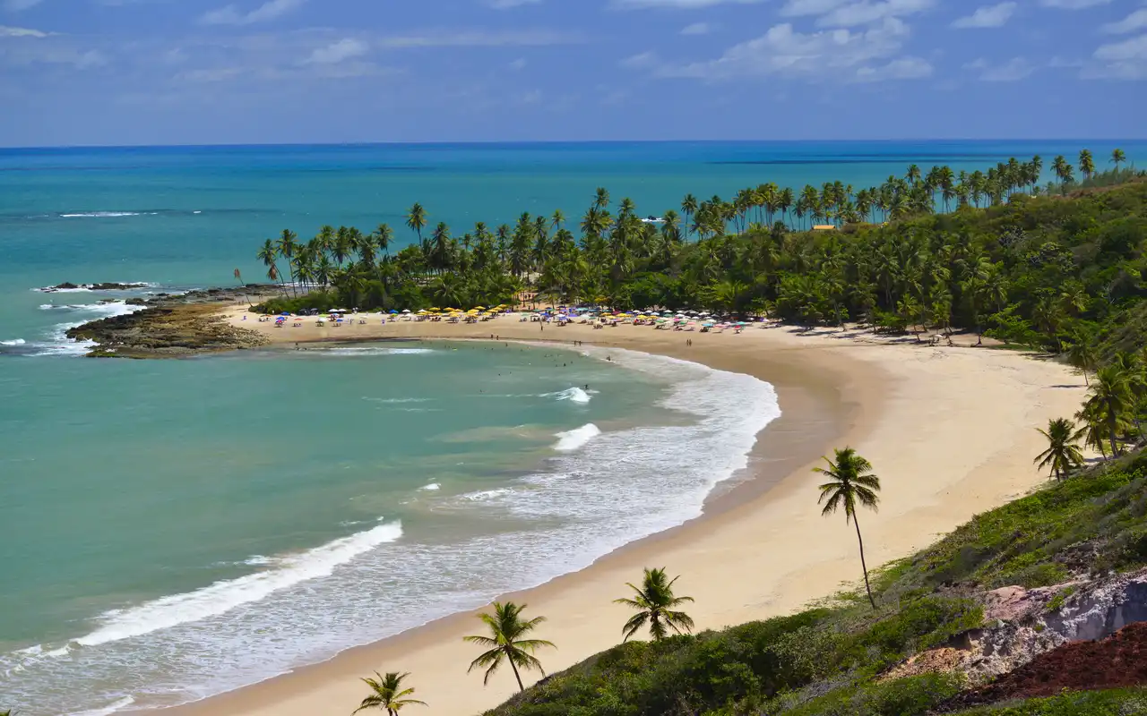 Falésias coloridas e coqueirais na Praia de Coqueirinho, um dos cartões-postais do litoral sul de João Pessoa