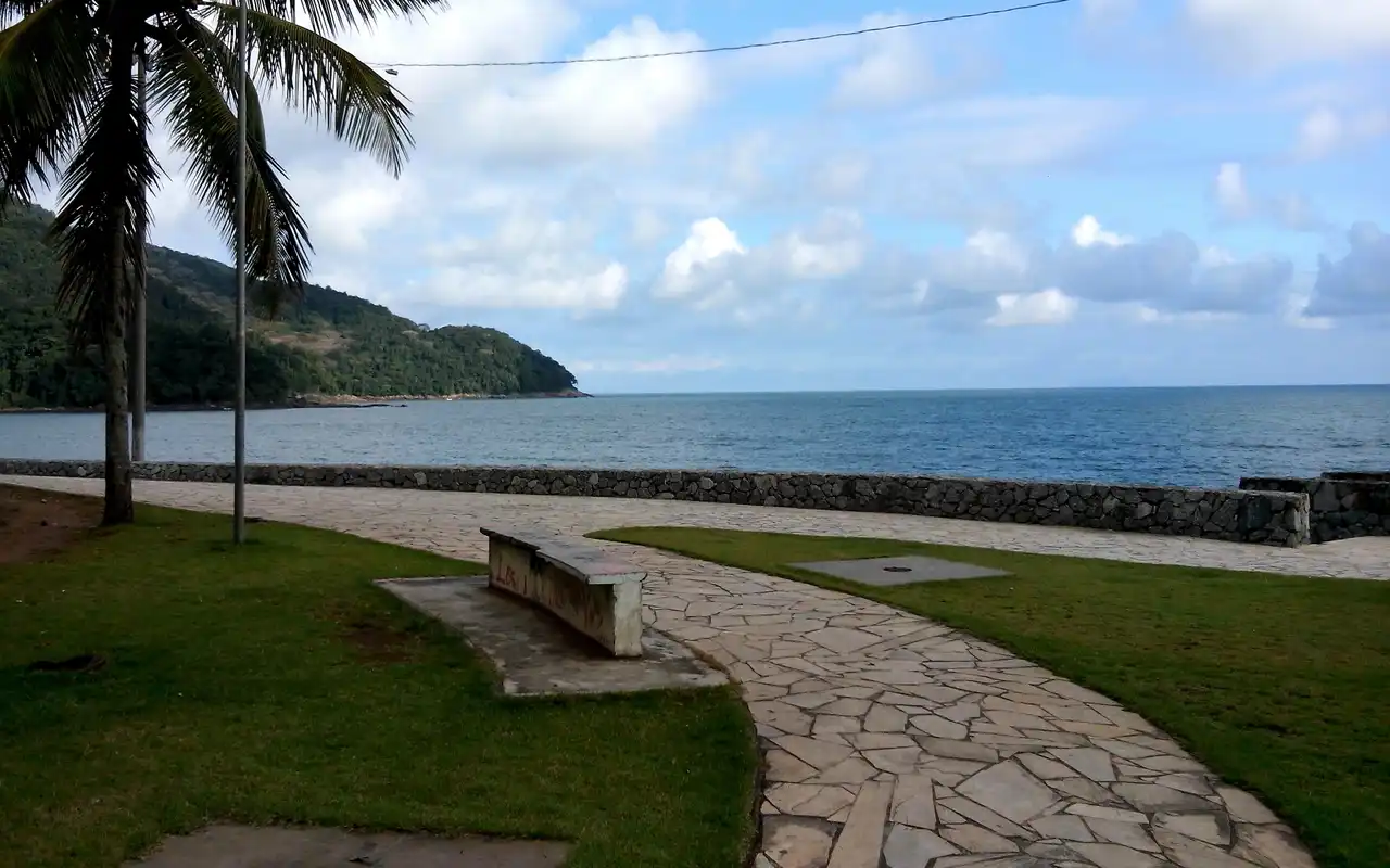 Orla e calçadão da Praia de Boiçucanga em São Sebastião. Coqueiros e vegetação costeira margeando a areia, com o mar esverdeado e limpo ao fundo.